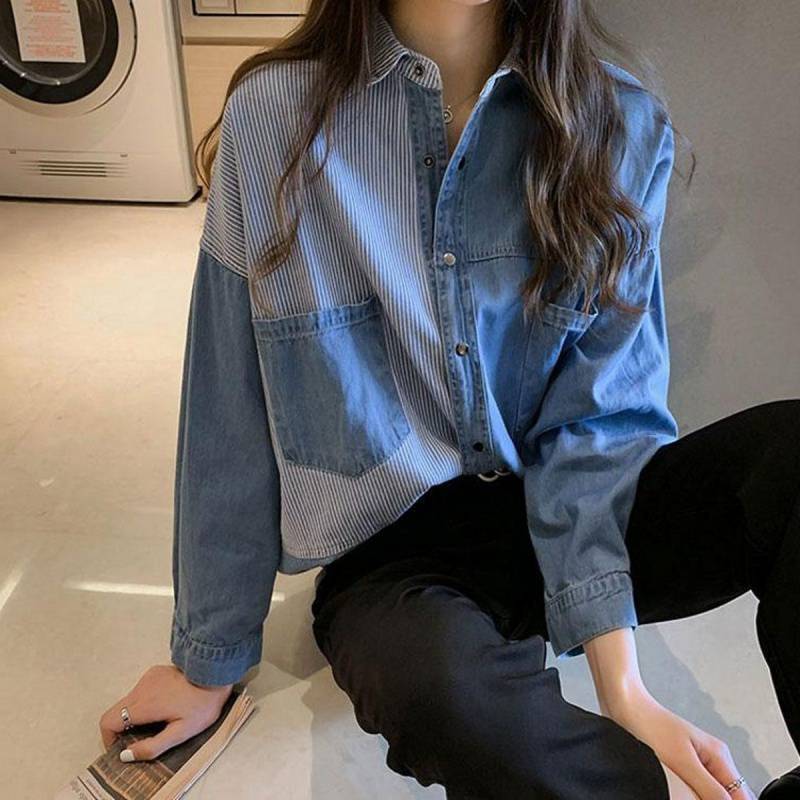 Non-Rolled Dark Blue Soft Denim Shirt for Women in Autumn and Winter, Layered Long-Sleeved Shirt for Small People, Right Shoulder Top