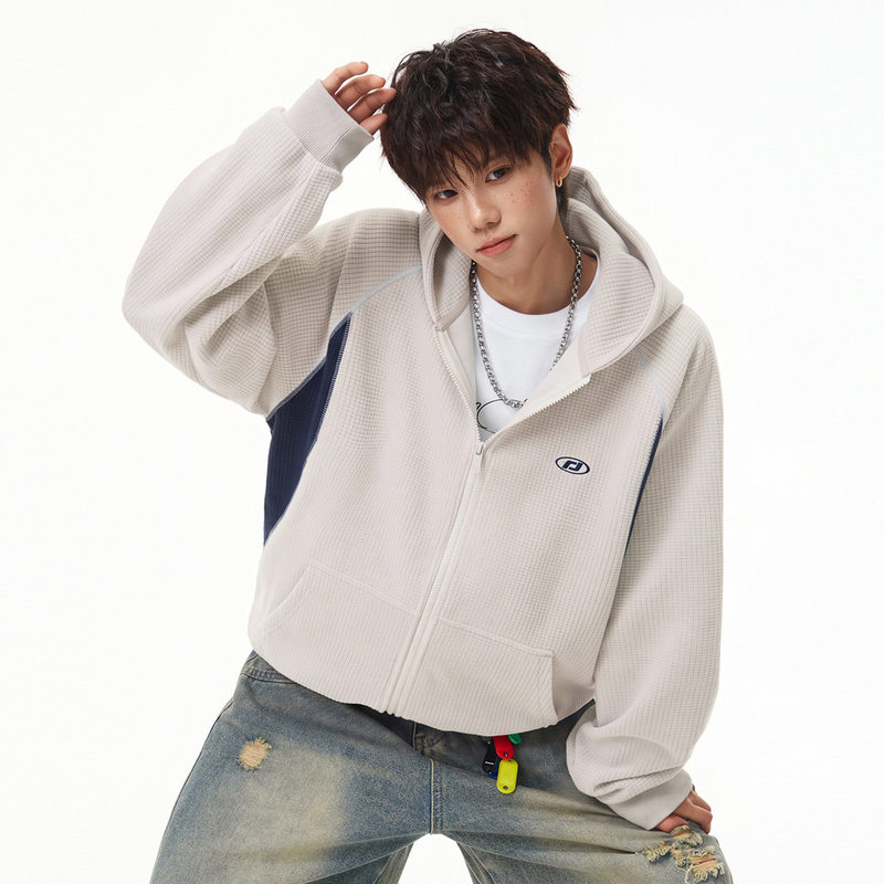 American retro style zip-up sports hoodie for men, with contrasting colors, raglan sleeves, and visible stitching American retro style zip-up sports hoodie for men, with contrasting colors, raglan sleeves, and visible stitching