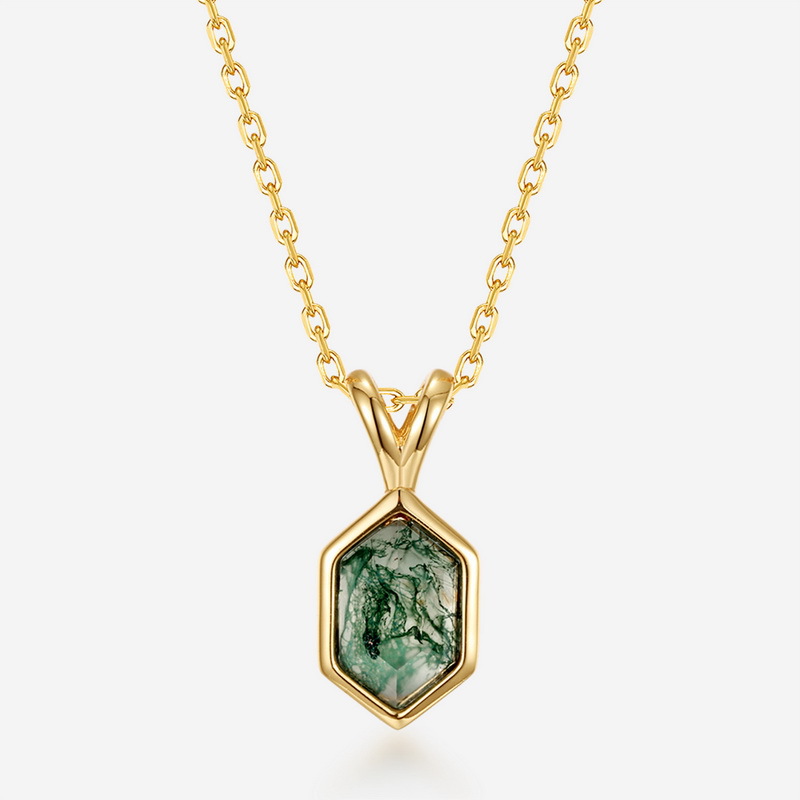 Colgante de ágata de hierba de agua natural geométrica especial transfronterizo para mujer S925 plateado 10K colgante de cadena de clavícula de piedra de musgo verde dorado
