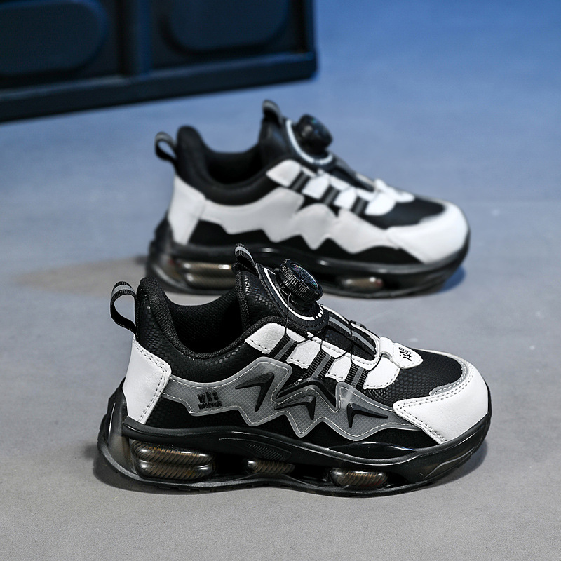 7288 Zapatos deportivos impermeables para niños de cuero mediano y grande para niños para hombres 2025 nuevo estilo botón giratorio tendencia carrera casual