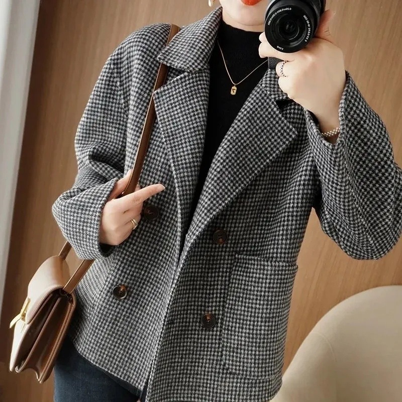 Houndstooth Woolen Outwear Women's Short Style Small 2025 Autumn and Winter New Classy Fashion Plaid Woolen Outwear