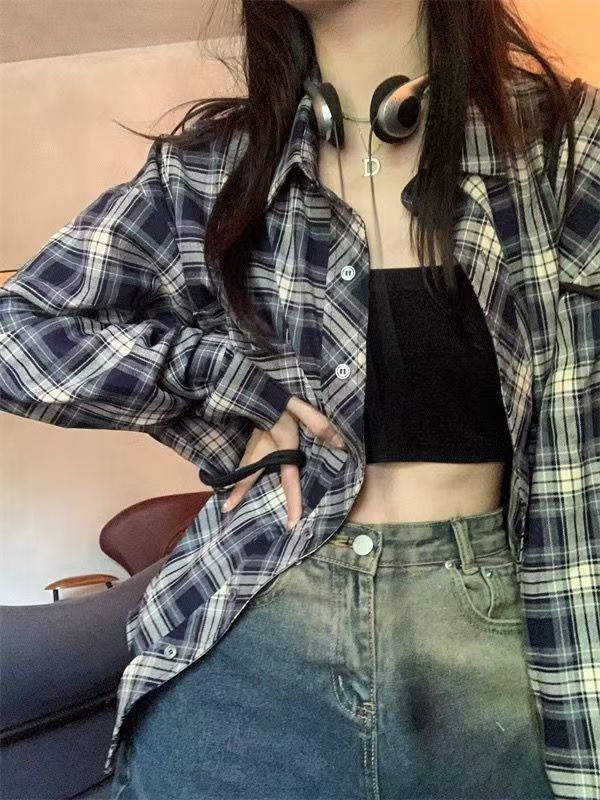 复古格子衬衫女春秋2025年新款衬衣设计感薄款防晒外搭上衣外套女|undefined