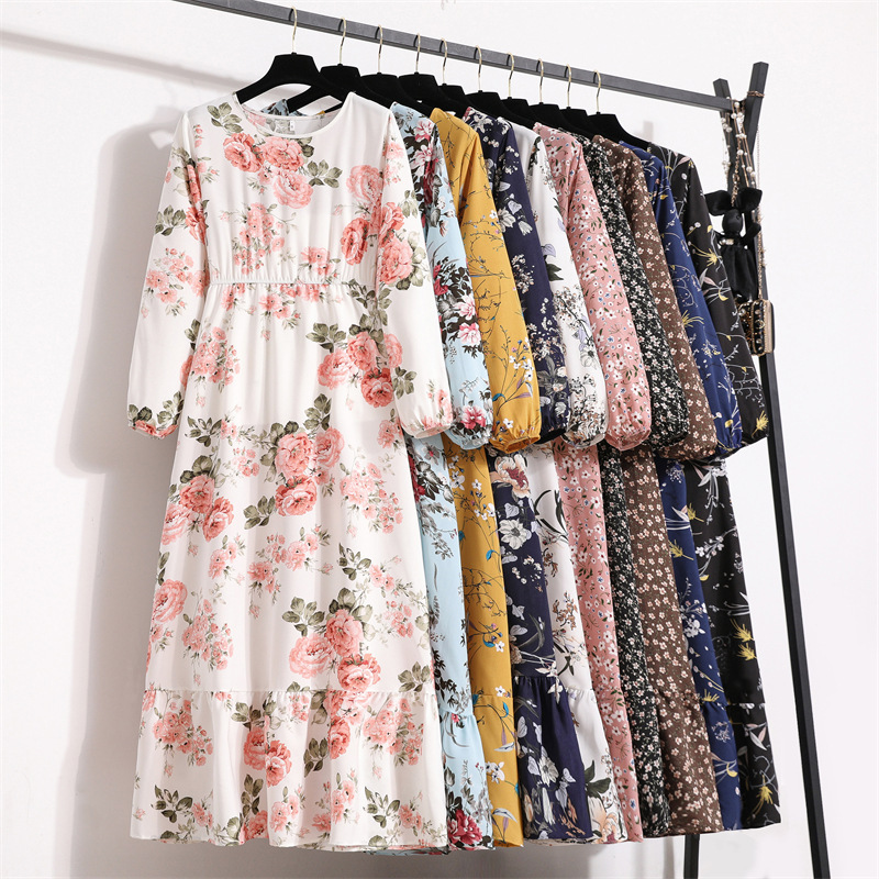 2022 Spring New European and American Floral Long Dress Crewneck Long Sleeve Tight Waist Slimming A- shaped dress