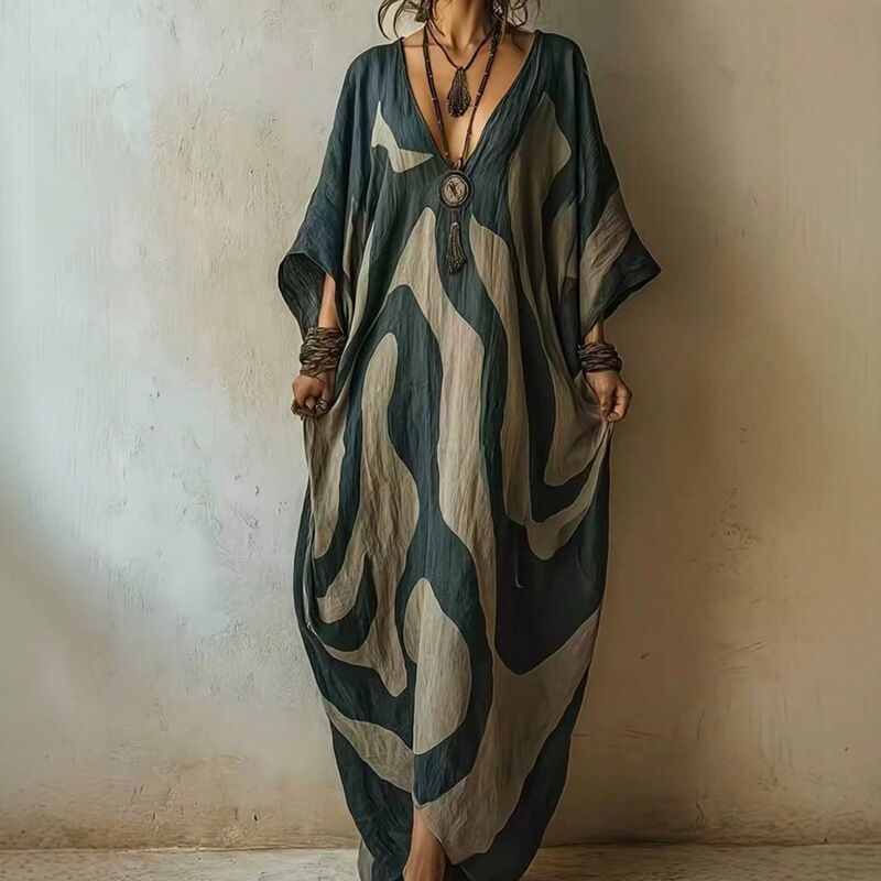 Cross-border deep V-neck batwing sleeve geometric print dress for women, summer loose casual seaside vacation long dress
