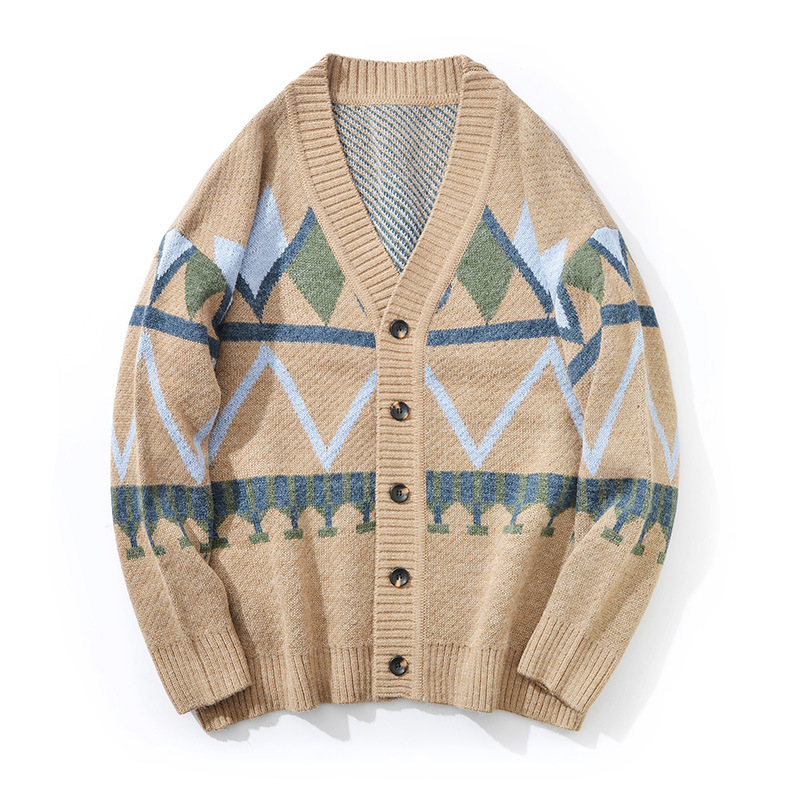 Suéter japonés retro de hombre primavera y otoño color contrastante suelto V-cuello chaqueta casual camiseta de punto de tendencia masculina Cardigan