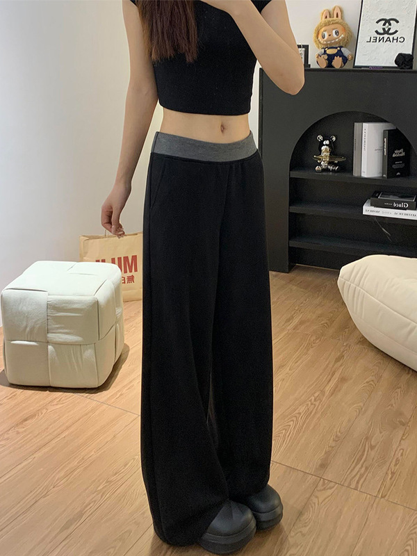 黑色拼接休闲运动裤女秋季2025新款高腰宽松显瘦直筒阔腿拖地裤子|undefined