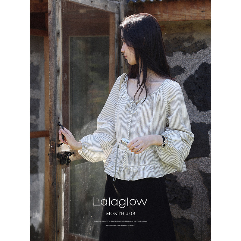 Lalaglow 追风的日子 法式气质蕾丝条纹衬衫女秋季宽松显瘦娃娃衫|undefined