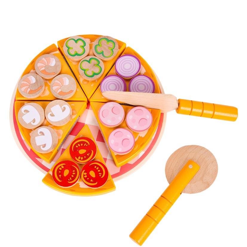 Juego de simulación de madera educativo para niños casa pizza bebé ejercicio práctico interactivo cocina corte traje de juguete