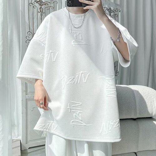 Summer full print letter casual crew neck short sleeve t-shirt for men trendy brand casual heavy weight plus size base shirt white t-shirt