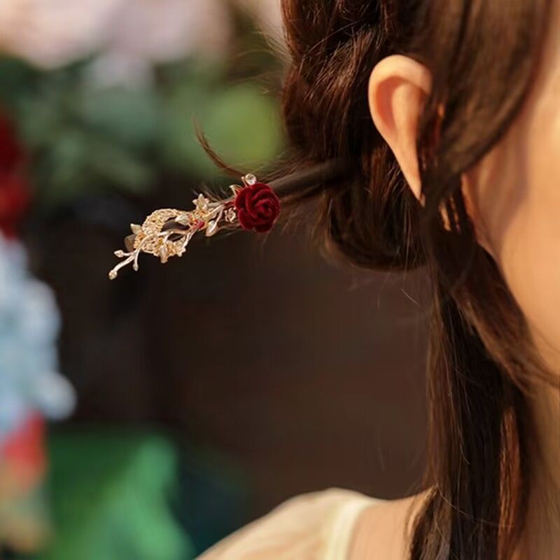 Clipper de cabello de rosa roja antigua niñas de alto nivel cheongsam nuevo estilo chino diario clipper de cabello tocado