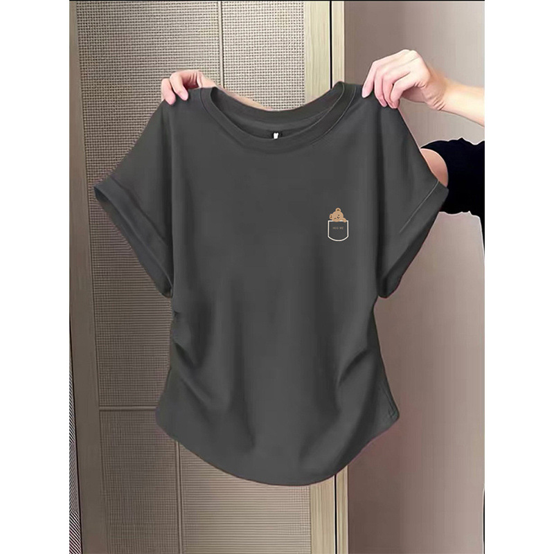 Stylish Short-Sleeve T-Shirt with Small Flutter Sleeves, Pure Cotton, Women's 2026 New Model, Waist-Cinching, Slimming, Charcoal Gray Top for Summer