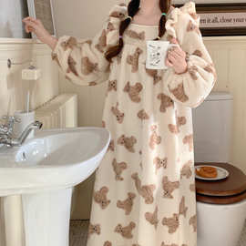 实拍2024冬季新款睡衣方领加绒加厚荷叶边小熊长袖家居服睡裙女