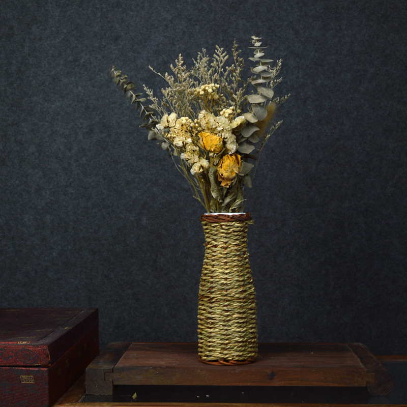 藤編塑料裝飾花插 純手工ins風高顏值草編小花瓶高級感水培插花器