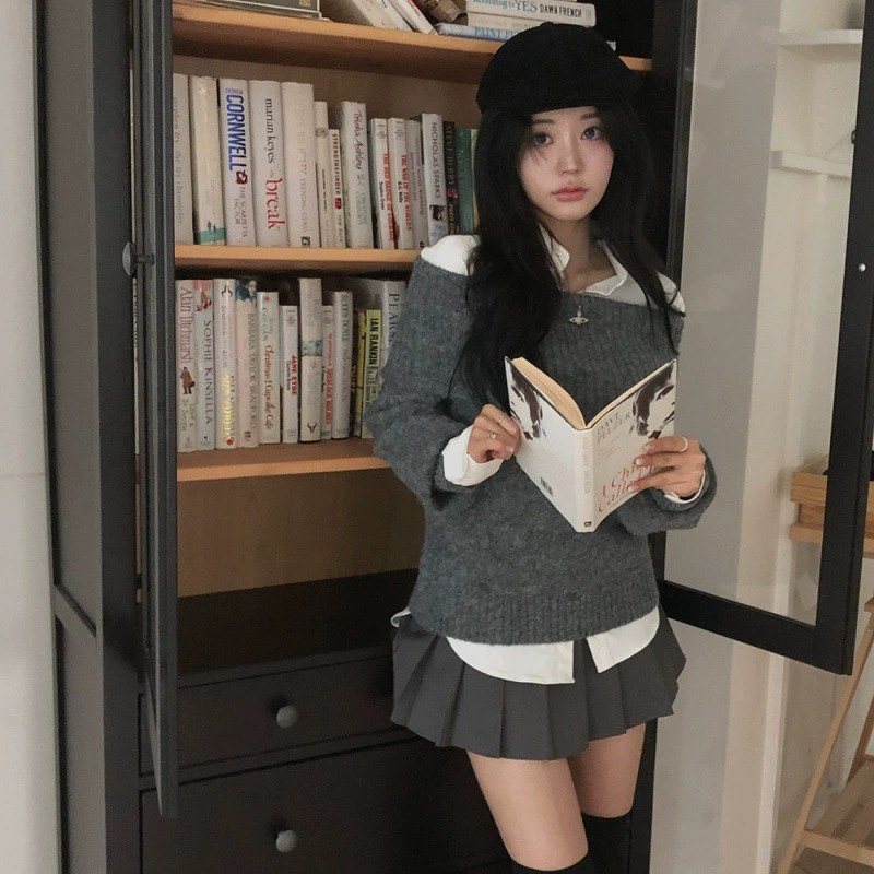 Обновленный размер 2025 Корея chic осенний и зимний воротник с открытыми плечами свитер с длинными рукавами женский тонкий темперамент свитер