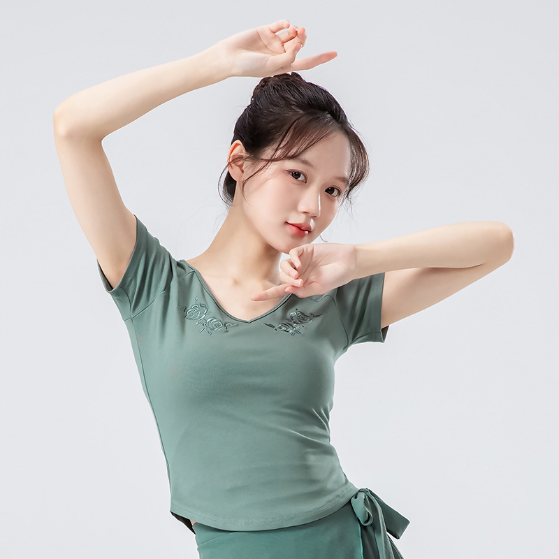 女性のためのモダンダンス服夏の新しいスリム半袖プリント毎日の練習ボディスーツ中国のダンス服トップ|undefined
