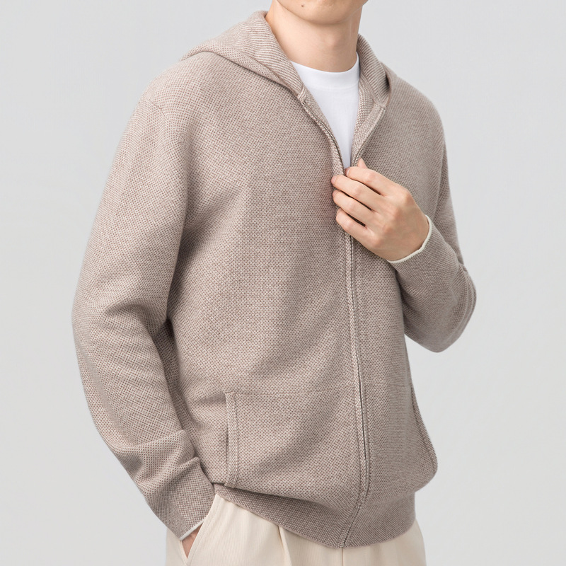 Wool and Cashmere Blend/480G Autumn and Winter Fashionable Casual Hooded Warm Light Luxury Old Money Zipper Knit Cardigan for Men