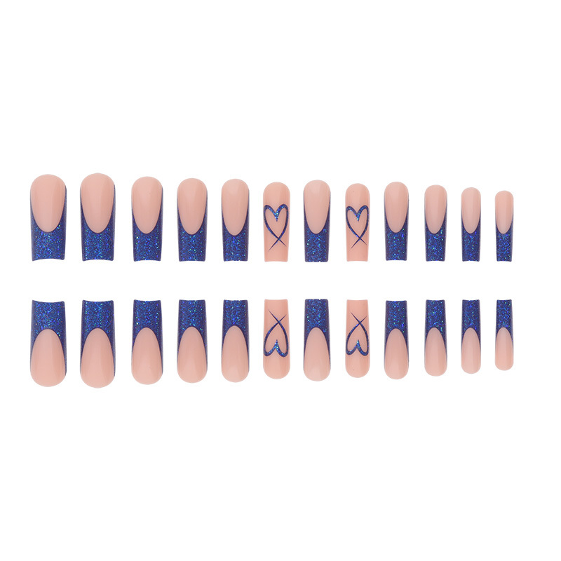 Long Blue Heart Patterned Press-on Nails For Valentine Day Style_voghion.com
