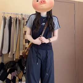 美式拼接插肩圆领印花短袖t恤女复古三条杠遮肉显瘦小众短款上衣