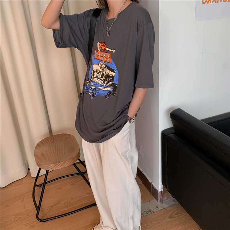 Dam t-shirt med cartoon tryck lös passform sommar topp_voghion.com