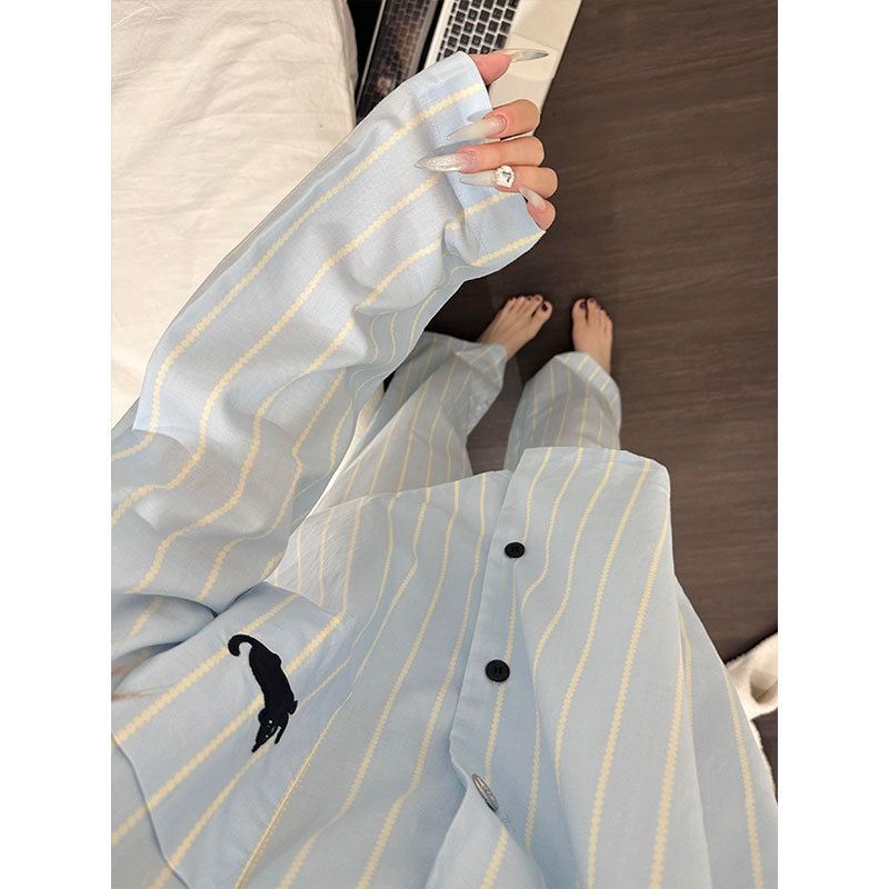 韩系ins甜美简约条纹睡衣女春秋季休闲长袖长裤可外穿家居服套装|undefined