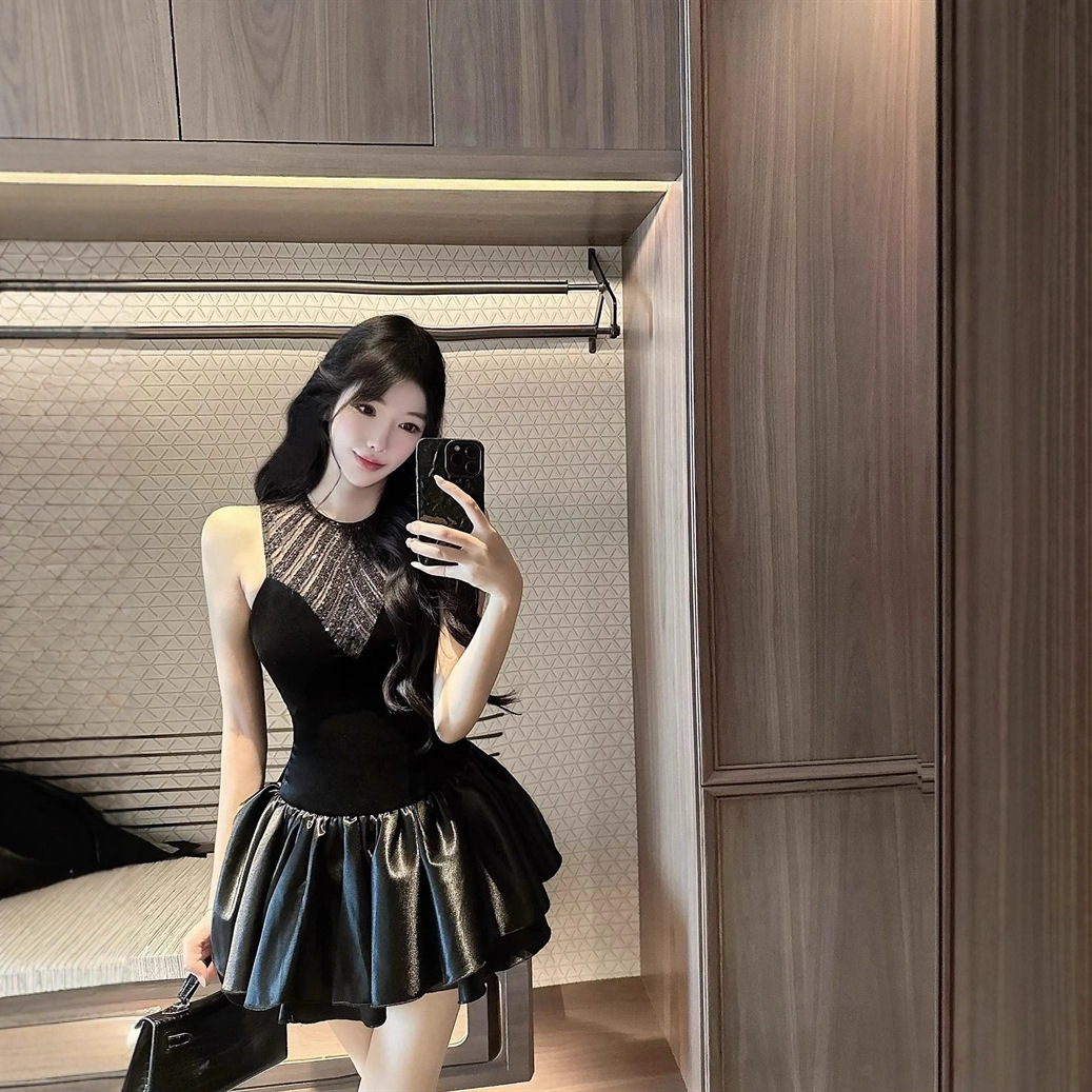 Sequined Waist Velvet Satin Layered Short Dress Sexy Vest Black Inner Dress 1120
