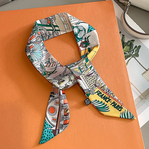 Silk scarf women's thin narrow bundle scarf spring and autumn printed Korean version double-sided decorative scarf headband temperament streamer ribbon