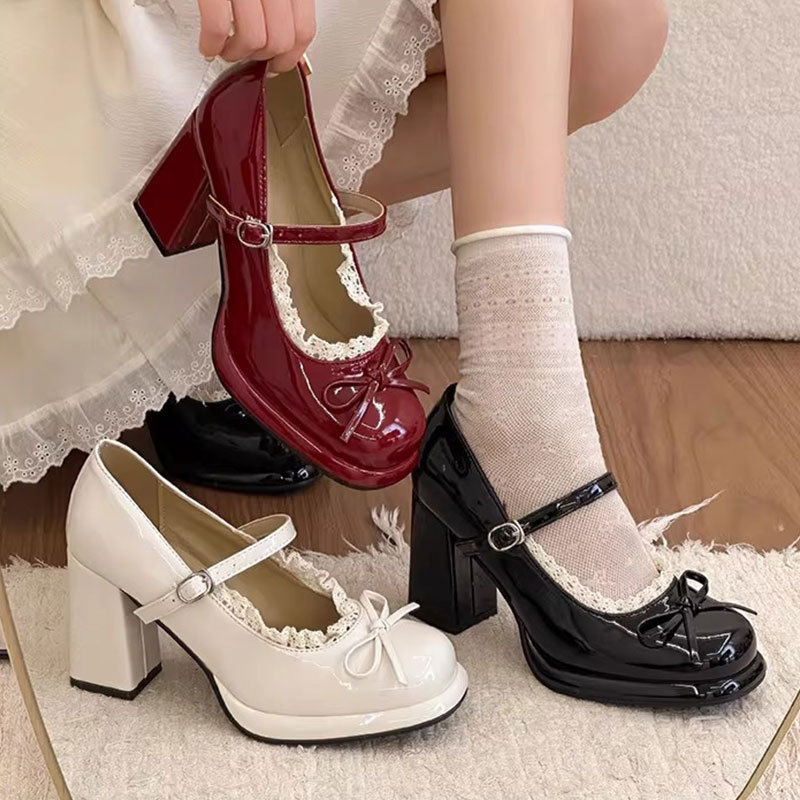 French-Style Waterproof Platform High-Heeled Shoes for Women, 2026 Spring New Model, Petite Size, Chunky Heel, Thick Sole, Bowknot Mary Jane Shoes