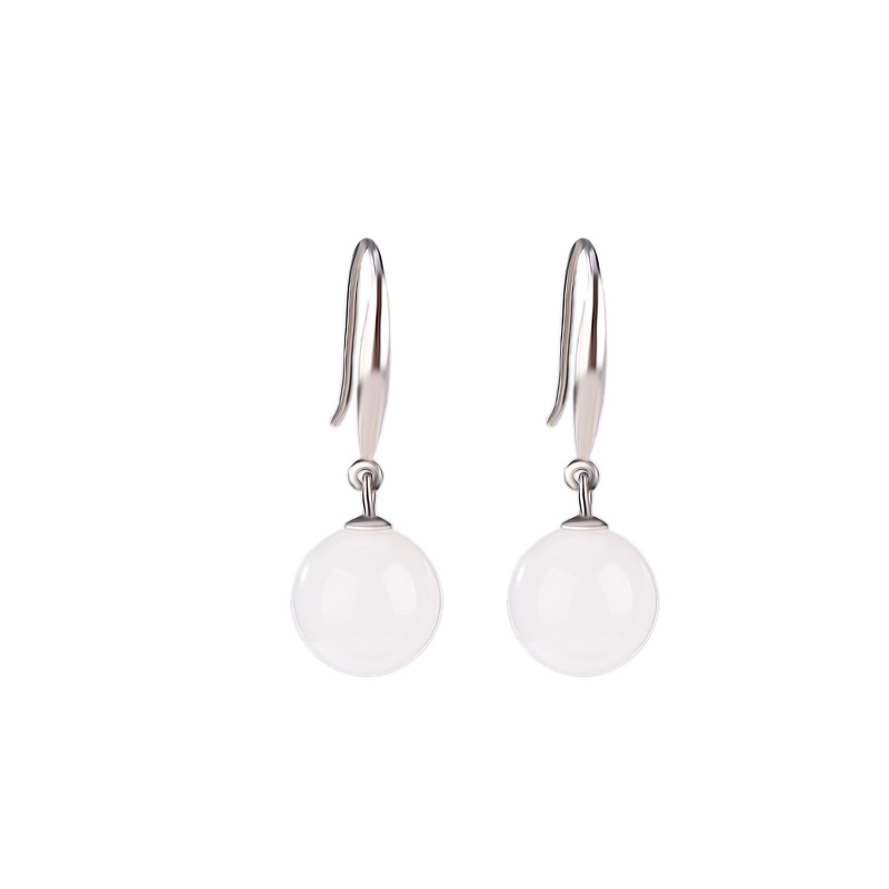 Bông tai bạc S925 hạt tròn đính ngọc trắng Hetian thiết kế đơn giản thời trang — Một cặp