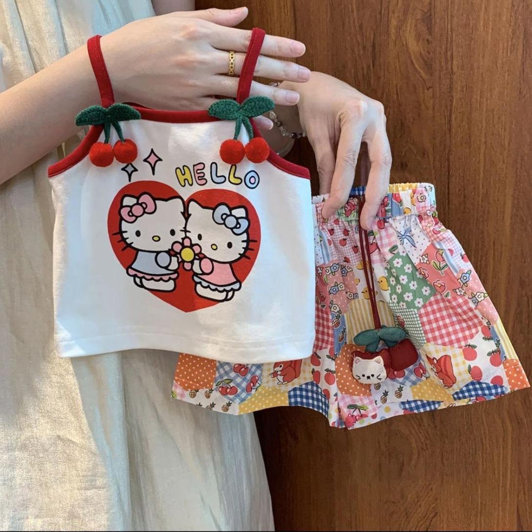 Girls' Suspender Shorts Set 2026 New Cartoon Cute Kitten Vest Top Summer Two-Piece Children's Clothing