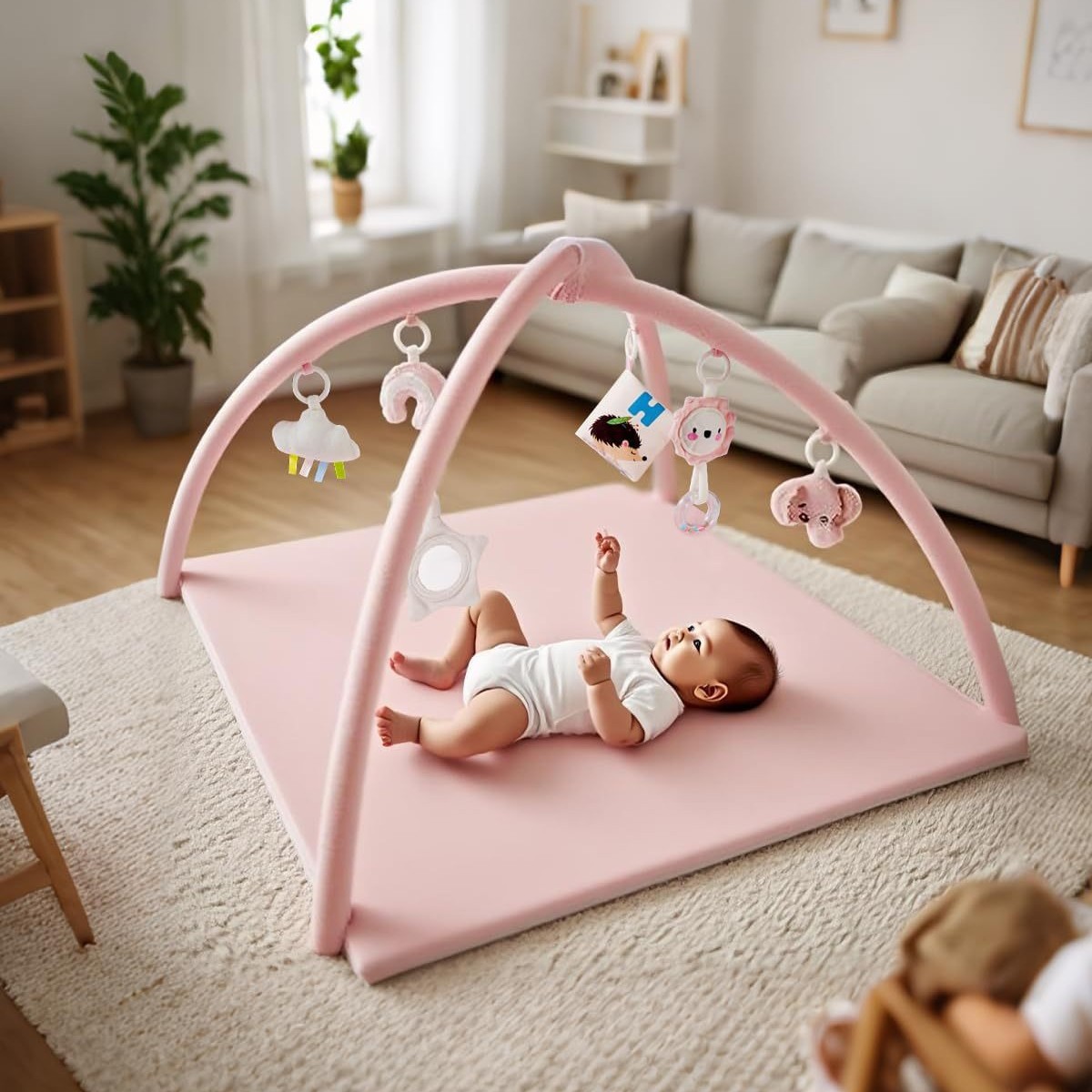Baby Play Gym Soft Cushion Velvet Tummy Time Mat with 6 Sensory Toys for Baby Play Activity