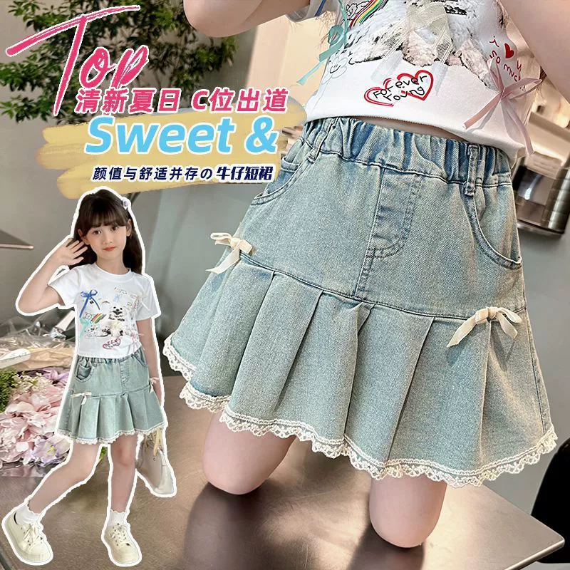 Джинсовая плиссированная юбка для девочек, новинка лета 2024, свободная юбка с бантом в корейском стиле для маленьких девочек, повседневная и универсальная