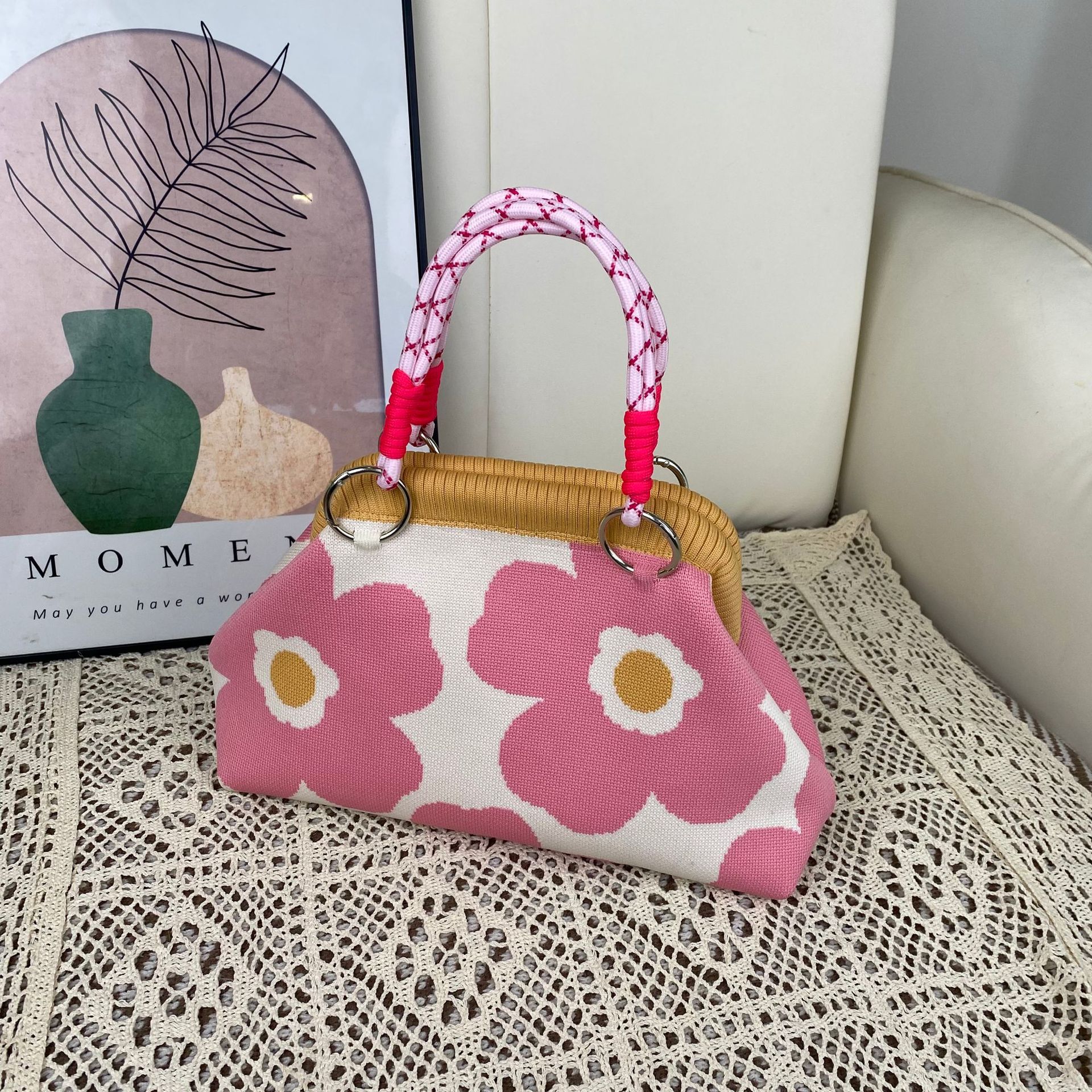 Floral Woven Rope Handle Dumpling Top Handle Bag 16