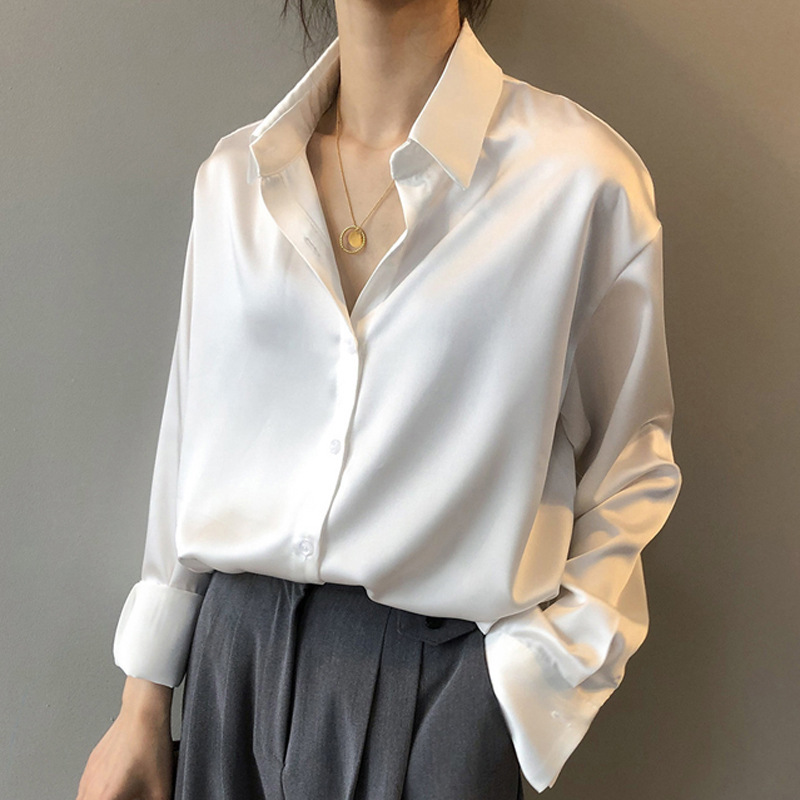 Acetate Silk Satin White Shirt for Women 2026 Spring, Autumn, and Winter New Design Niche Style Inner Layering French-Style Top