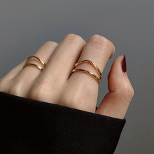 s925纯银镀金色双层弯曲线条戒指食指指环叠带欧美气质极简女