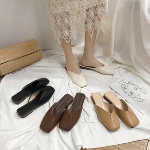 Cross-border Baotou Half-slip Women's 2024 New Simple Square Toe Granny Shoes Casual Thick Heel Low Heel Fitting Room Slippers
