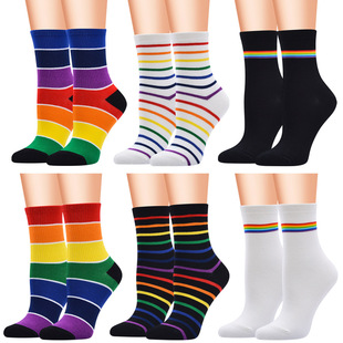 New Rainbow Socks Women Mid-tube Socks Striped Cotton Socks Trendy Wholesale AliExpress Amazon