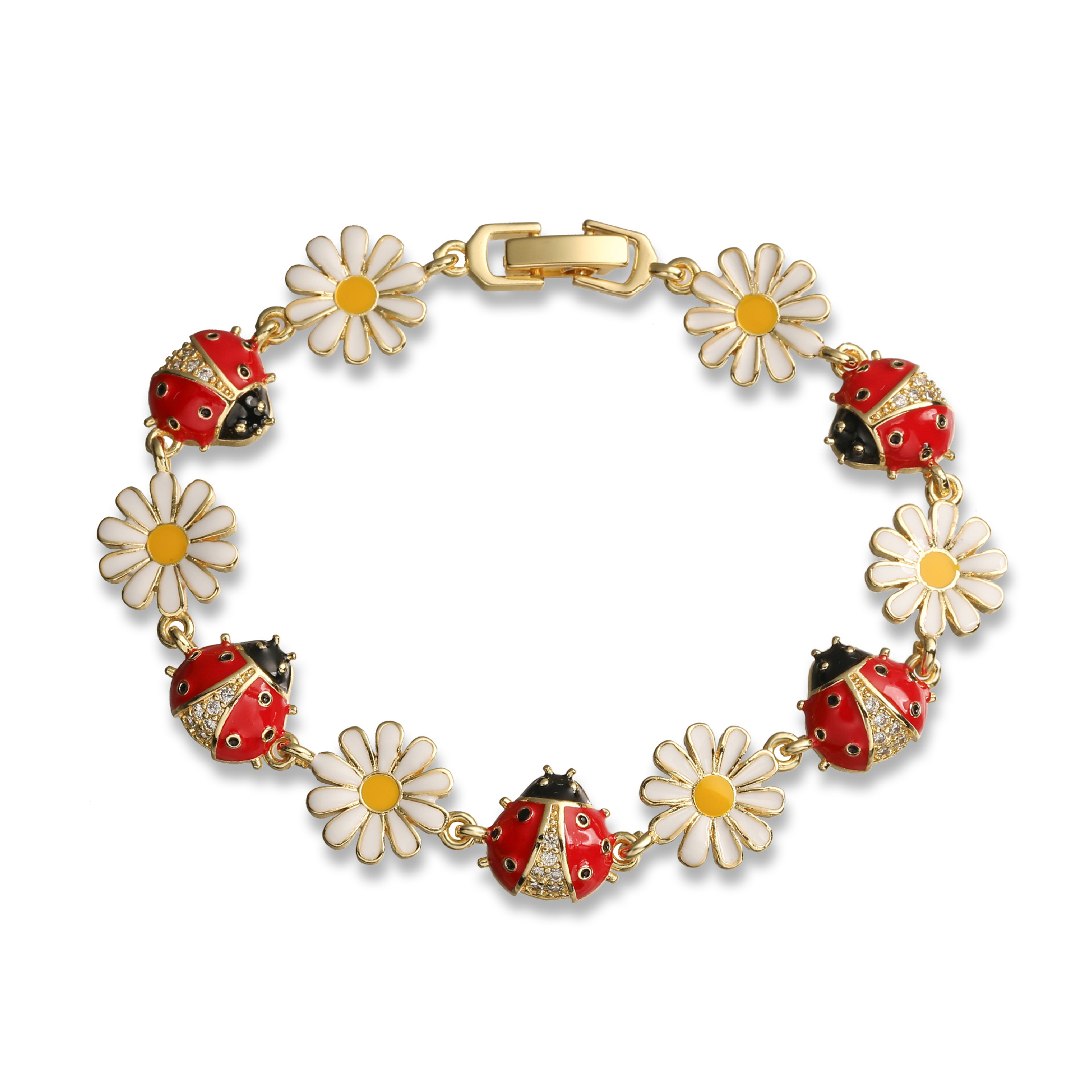 골드 화이트 다이아몬드 블랙 및 레드 비틀 화이트 데이지 패치워크 팔찌