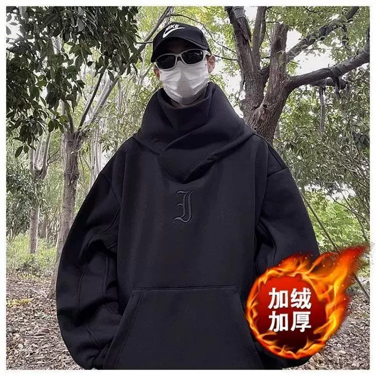 i人社恐男秋冬季美式机能风重磅连帽外套加绒加厚宽松高领卫衣
