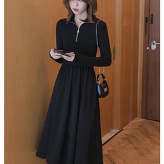 法式长袖连衣裙女2025秋冬季新款气质赫本风小个子黑色内搭长裙子