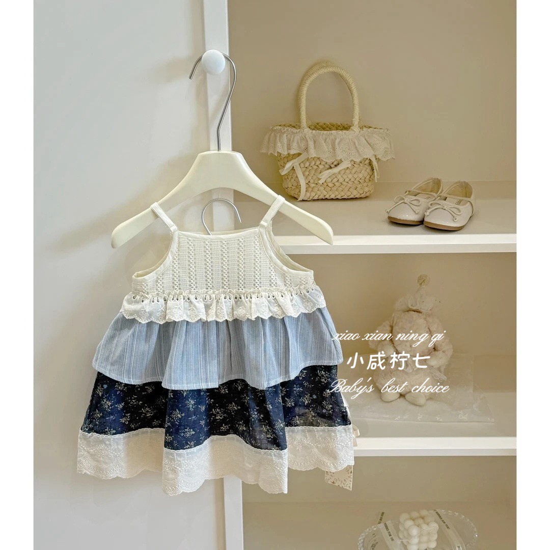 Little Salt Lemon Children's Clothing Girls' Summer Stylish Floral Strap Patchwork New Summer Princess Dress Trendy Cross-Border