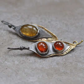 跨境民族风简约豌豆荚镶嵌宝石耳环吊坠不对称复古饰品欧美速卖通