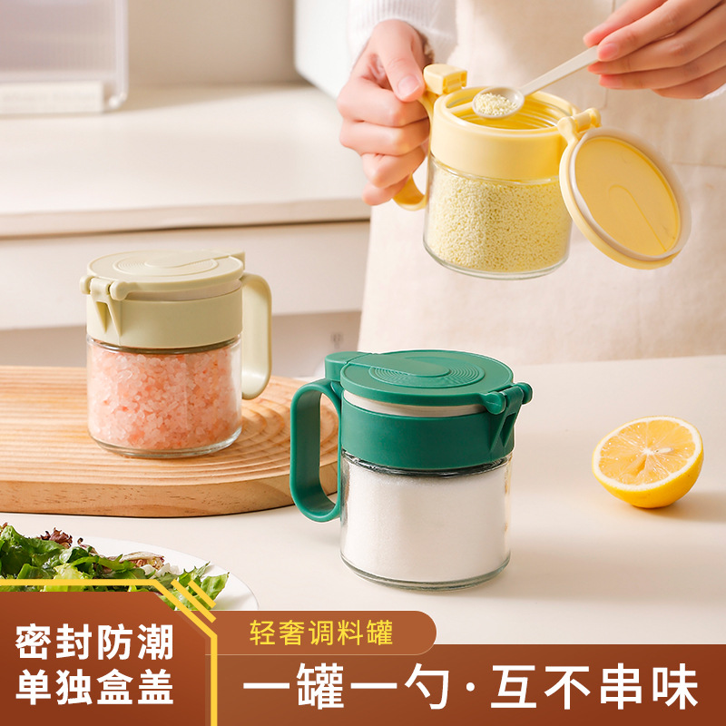 Nuevo tanque de condimento, multifunción y conveniente, botella de condimento doméstico, caja de condimento de encimera, botella de vidrio con botella de condimento de cuchara