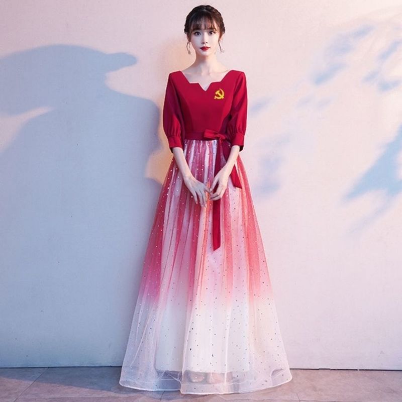红歌大合唱团演出服女成人长裙指挥朗诵独比赛服装唱渐变红色礼服|undefined