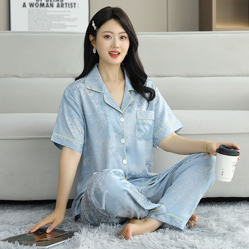 라이트 블루 피치 블라썸 자카드(반소매, 바지)