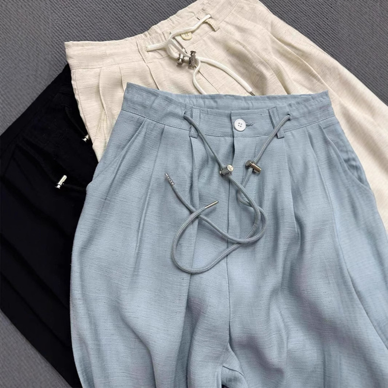 Chao burst recommend! Drawstring Design Sense Linen Wide Leg Pants Pear-shaped Body Slimming Lightweight Breathable Thin Summer Chao burst recommend! Drawstring Design Sense Linen Wide Leg Pants Pear-shaped Body Slimming Lightweight Breathable Thin Summer