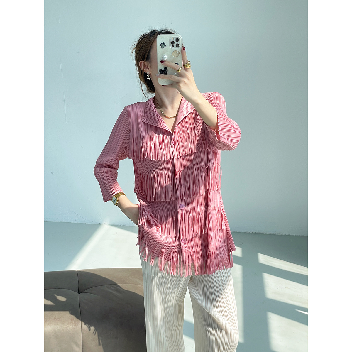 Miyake 2025 Autumn New Solid Color Simple Casual Slim Tassel Pleated…