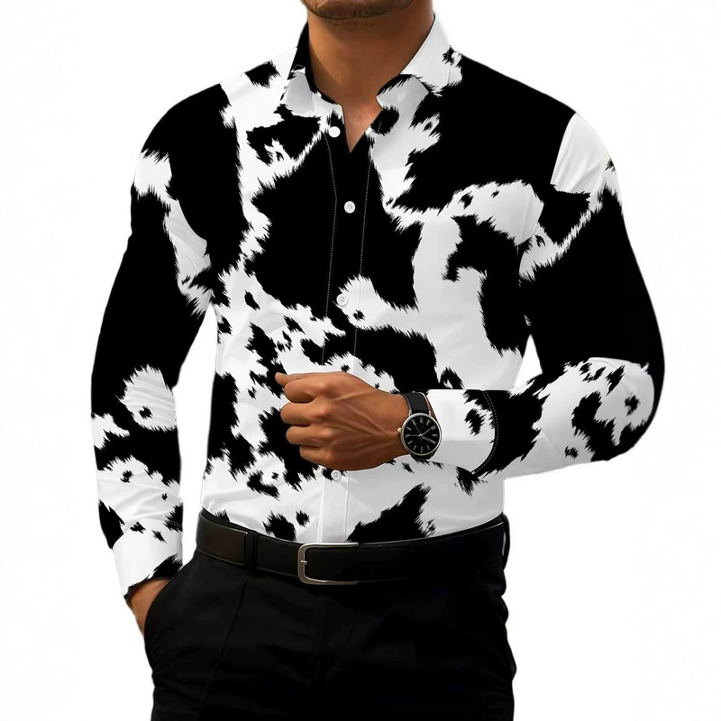 Thin, loose-fitting, casual long-sleeved shirt for men, featuring a dark blue base with gold floral all-over print, a breathable and versatile design, perfect for men's formal occasions