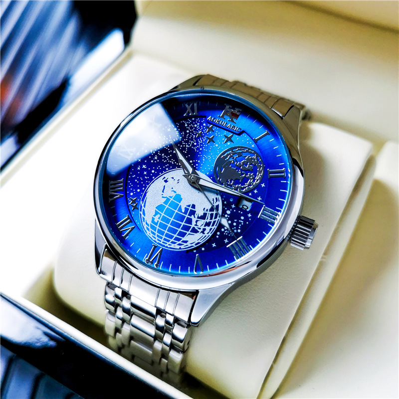 K reloj casual reloj estrellado Planeta de gama alta para hombres fondo transparente reloj mecánico automático tendencia de hebilla de mariposa de acero inoxidable