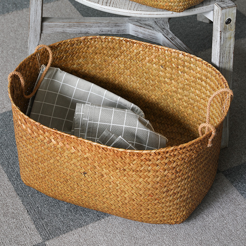 Seaweed-woven extra-large storage basket box Japanese dirty clothes basket toy basket vintage-style handle basket