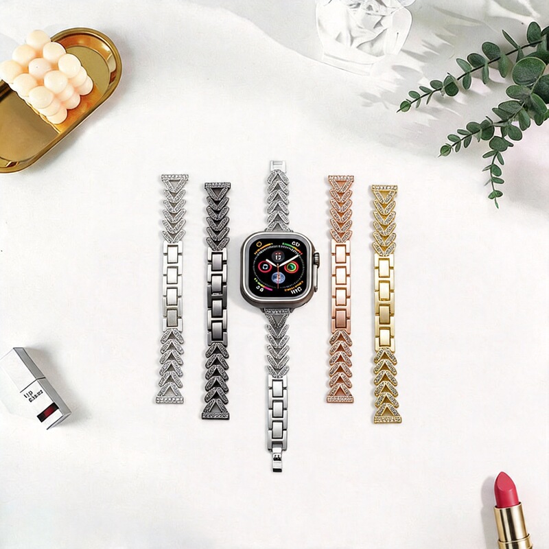 Suitable for Apple Watch Series 10/11, V-Shaped Diamond-Encrusted High-End Fine Metal Watch Band for Generations 1-9
